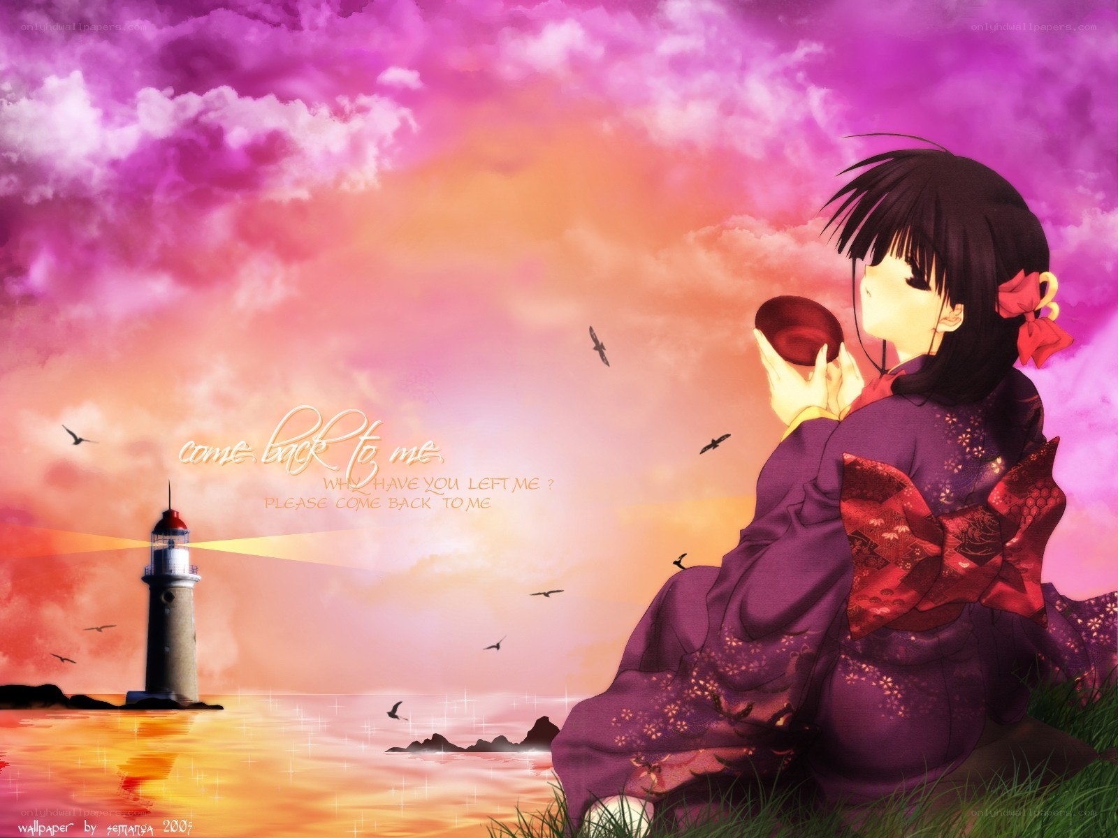 Anime girl at sunset by lighthouse