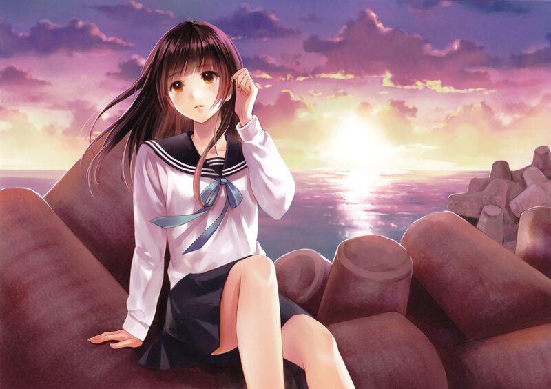 anime girl at sunset by the sea