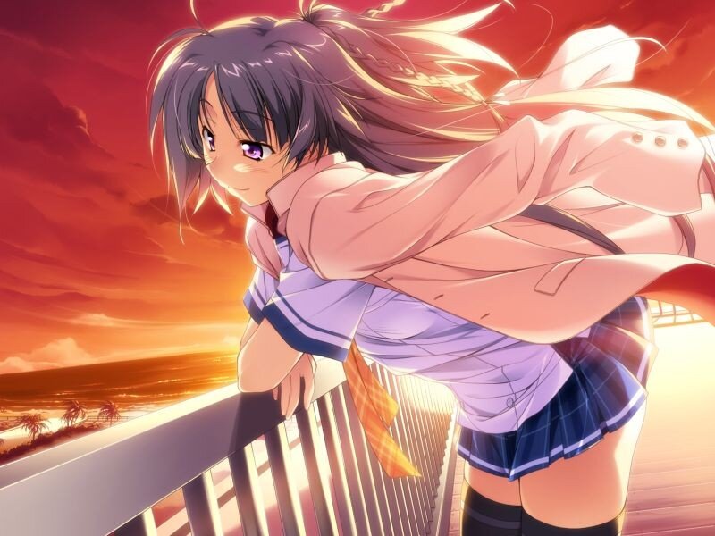 Anime girl at sunset by the sea