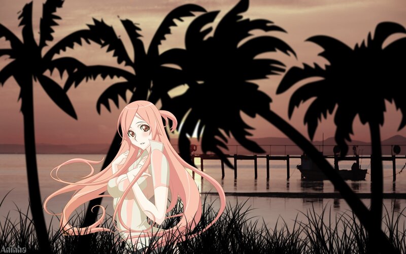 Anime girl at sunset by the water