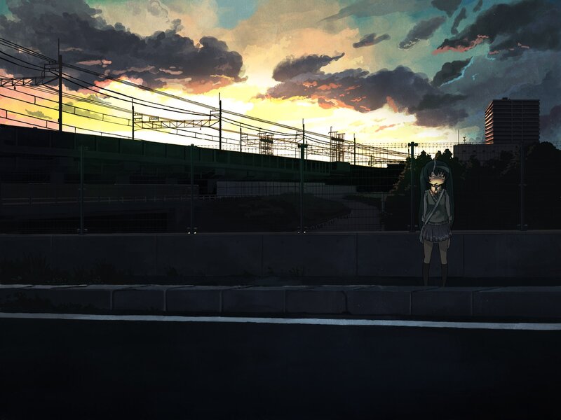 anime girl at sunset by train tracks