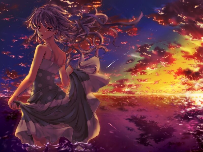 Anime girl at sunset by water