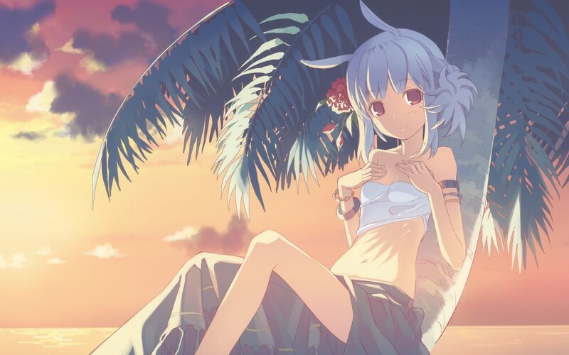 Anime girl at sunset on beach