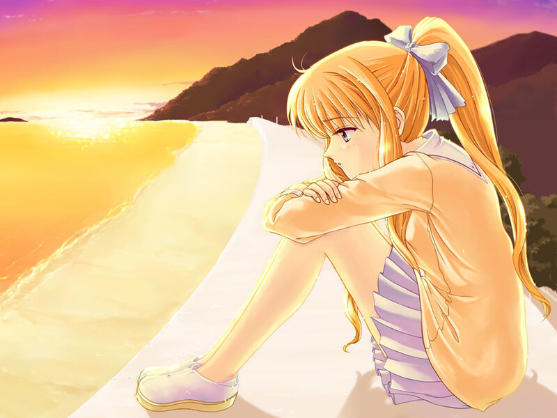 Anime girl at sunset on beach