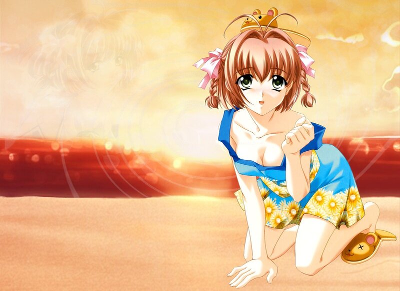 Anime girl at sunset on beach