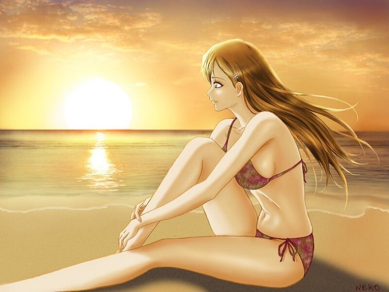 Anime girl at sunset on beach