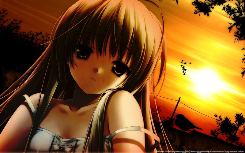 Anime Girl at Sunset — Orange, Dramatic, Digital Art