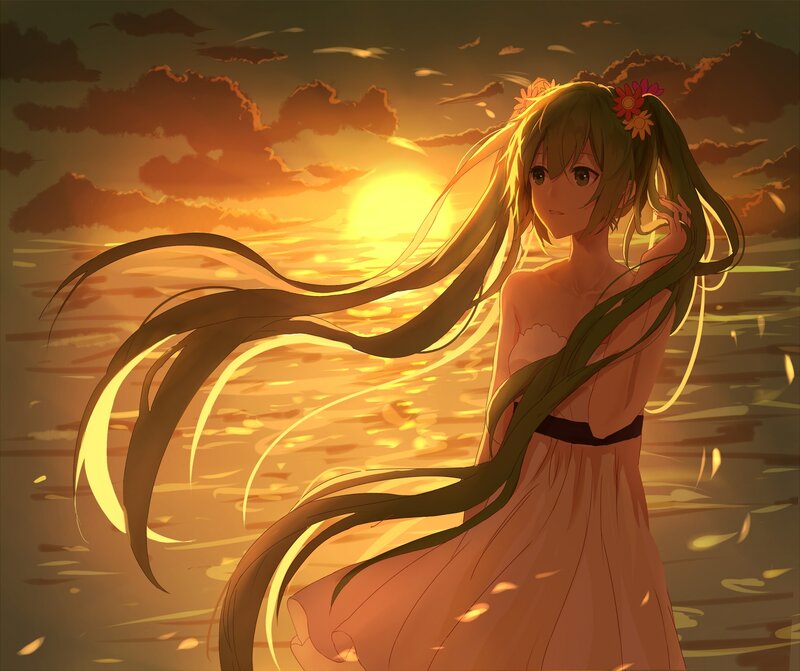 Anime Girl at Sunset — Orange, Serene, Digital Art, Flowers