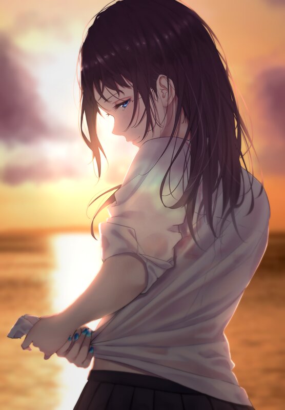Anime Girl at Sunset — Orange, Serene, Digital Art, Ocean