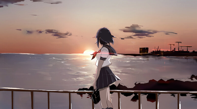 Anime Girl at Sunset — Orange, Serene, Digital Art, Sea