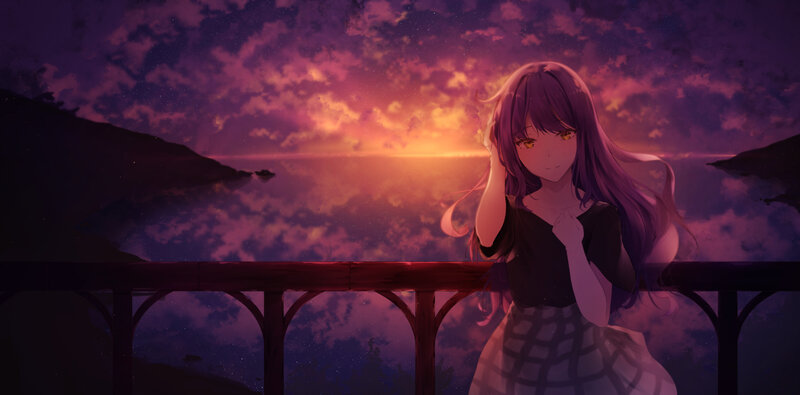 Anime Girl at Sunset — Purple, Serene, Digital Art