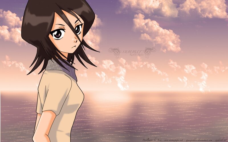 Anime Girl at Sunset — Purple, Serene, Ocean, Clouds