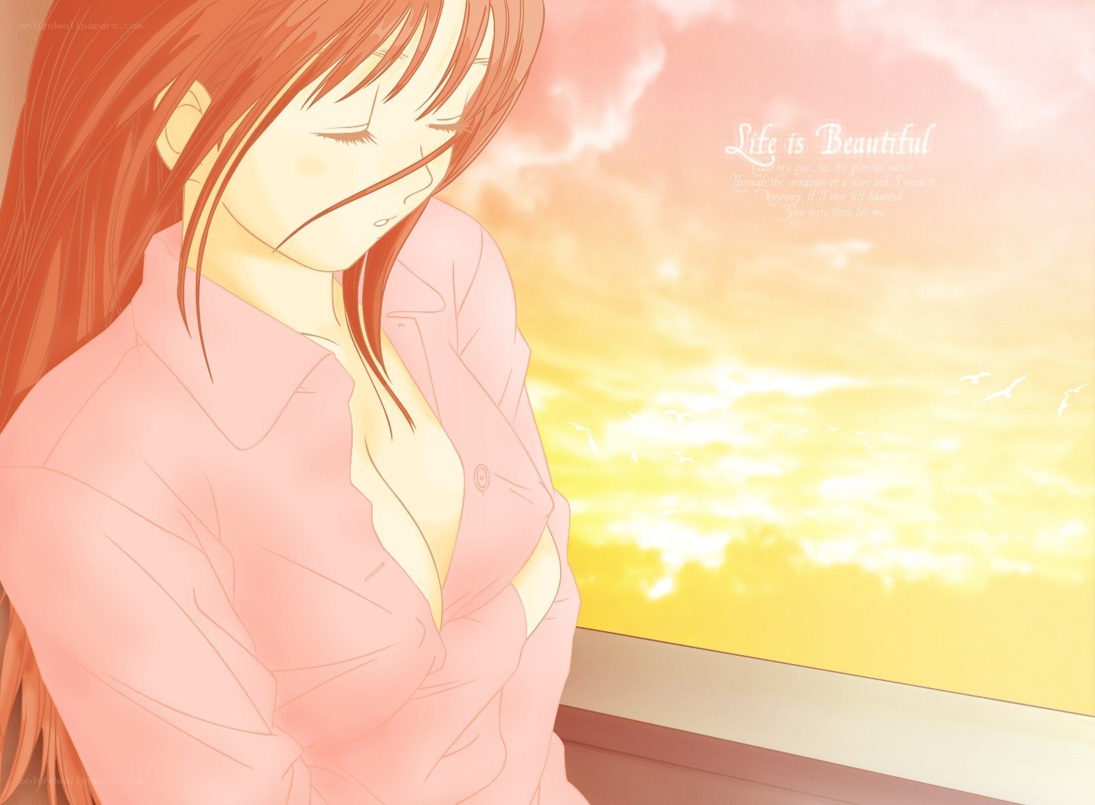 Anime girl at sunset window