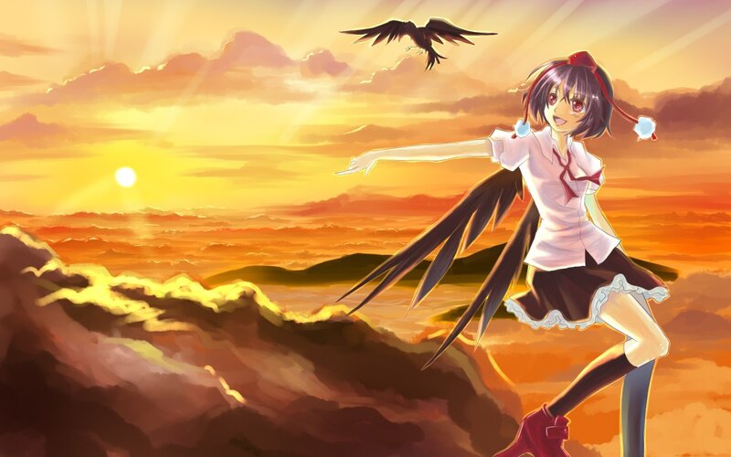 Anime girl at sunset with crow