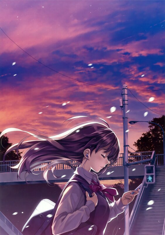 Anime girl at sunset with phone
