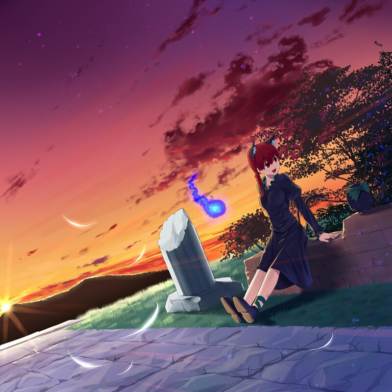 Anime girl at sunset with tombstone