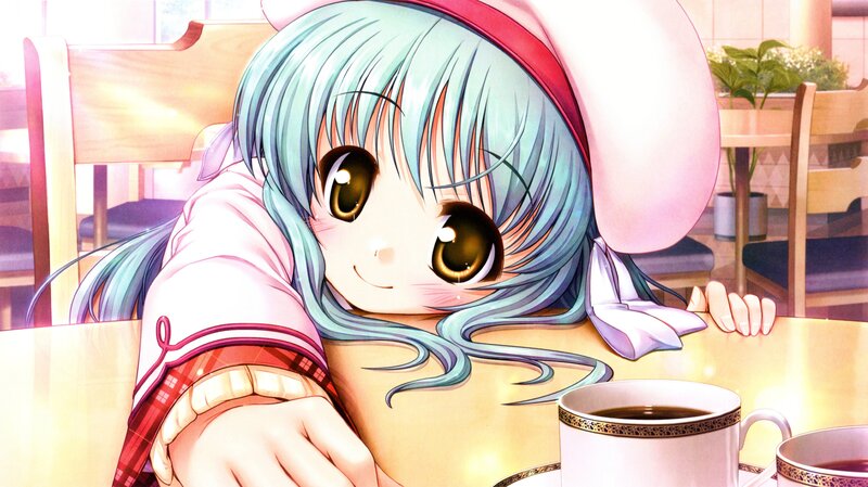 Anime Girl at Table — Blue, Calm, Morning