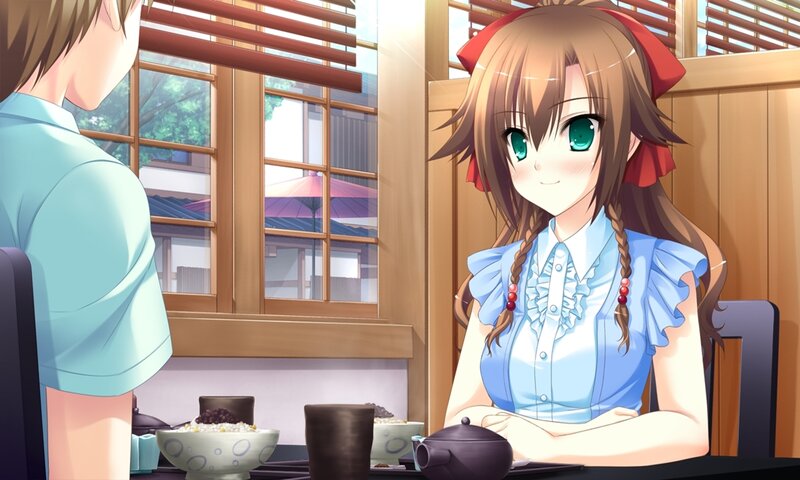 Anime Girl at Table — Blue, Calm