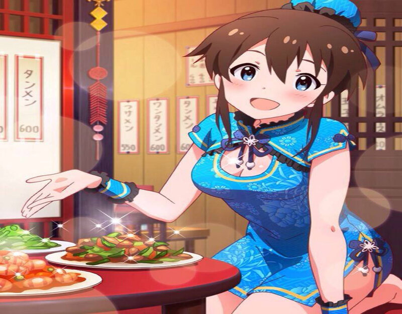 Anime Girl at Table — Blue, Cheerful