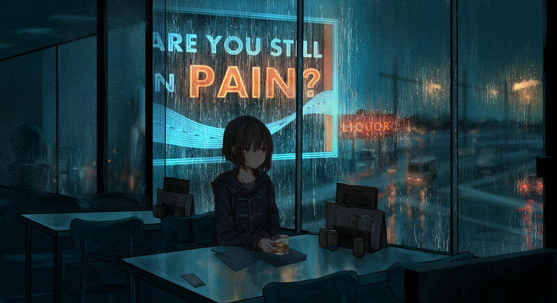Anime Girl at Table — Blue, Melancholic