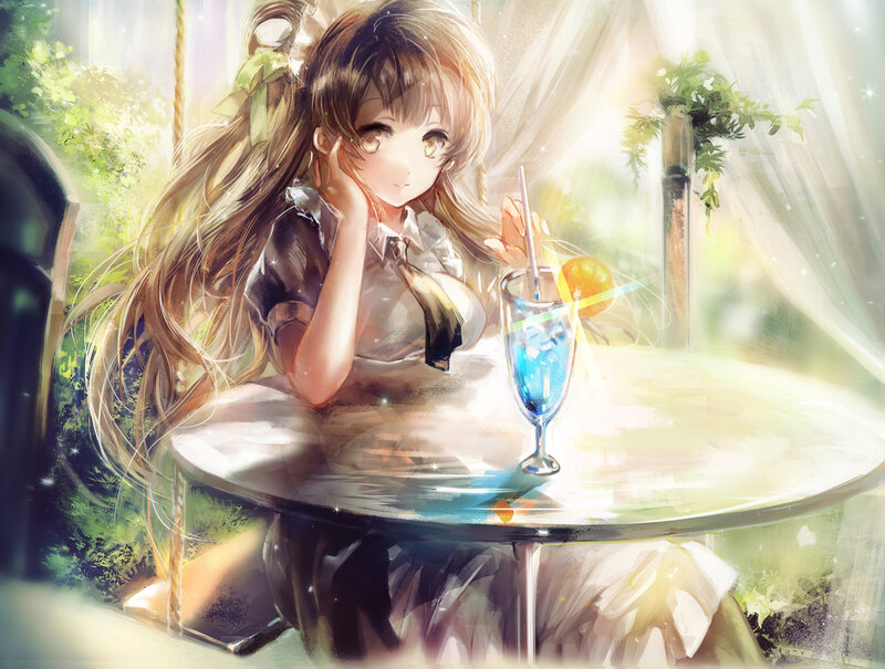 Anime Girl at Table — Blue, Serene