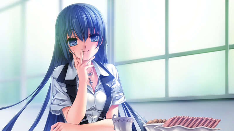 Anime Girl at Table — Blue