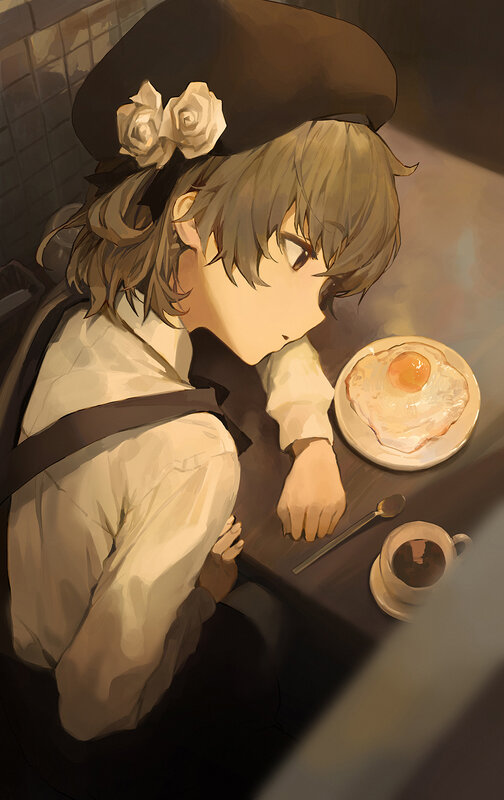 Anime Girl at Table — Brown, Calm, Morning, Digital Art