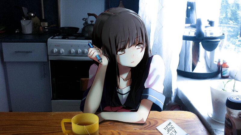 Anime Girl at Table — Brown, Calm, Morning
