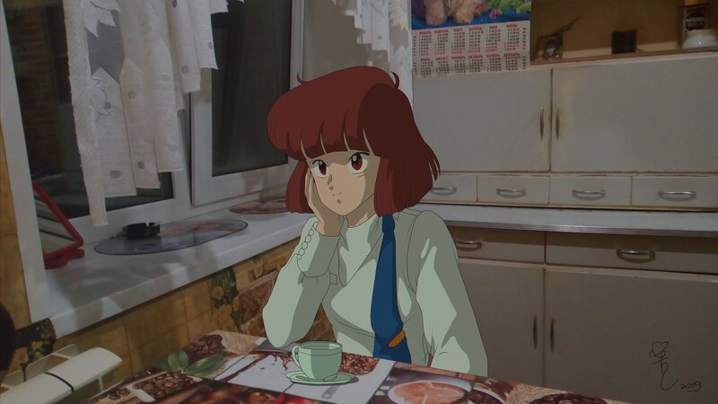Anime Girl at Table — Brown, Contemplative