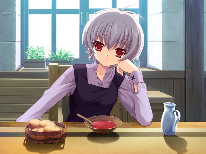 Anime Girl at Table — Gray, Calm