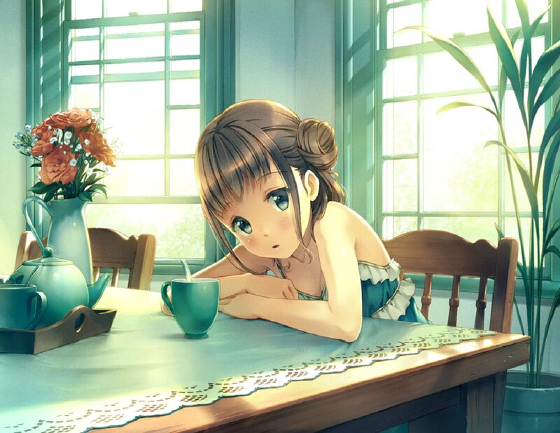 Anime Girl at Table — Green