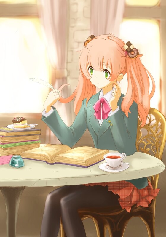 Anime Girl at Table — Pink, Calm