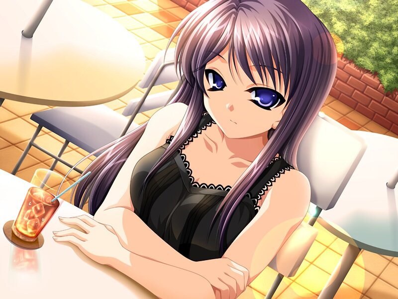 Anime Girl at Table — Purple, Calm