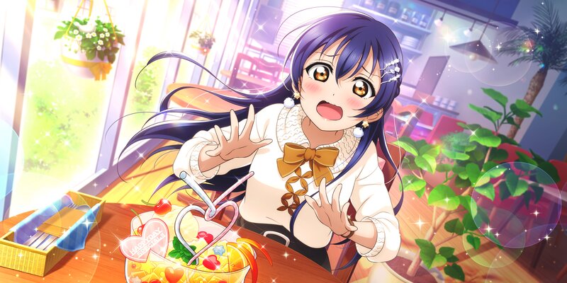 Anime Girl at Table — Purple, Cheerful