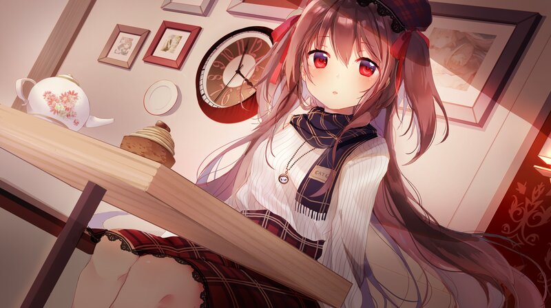 Anime Girl at Table — Red, Calm