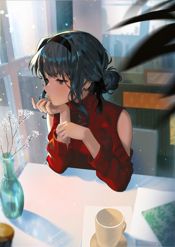 Anime Girl at Table — Red, Serene