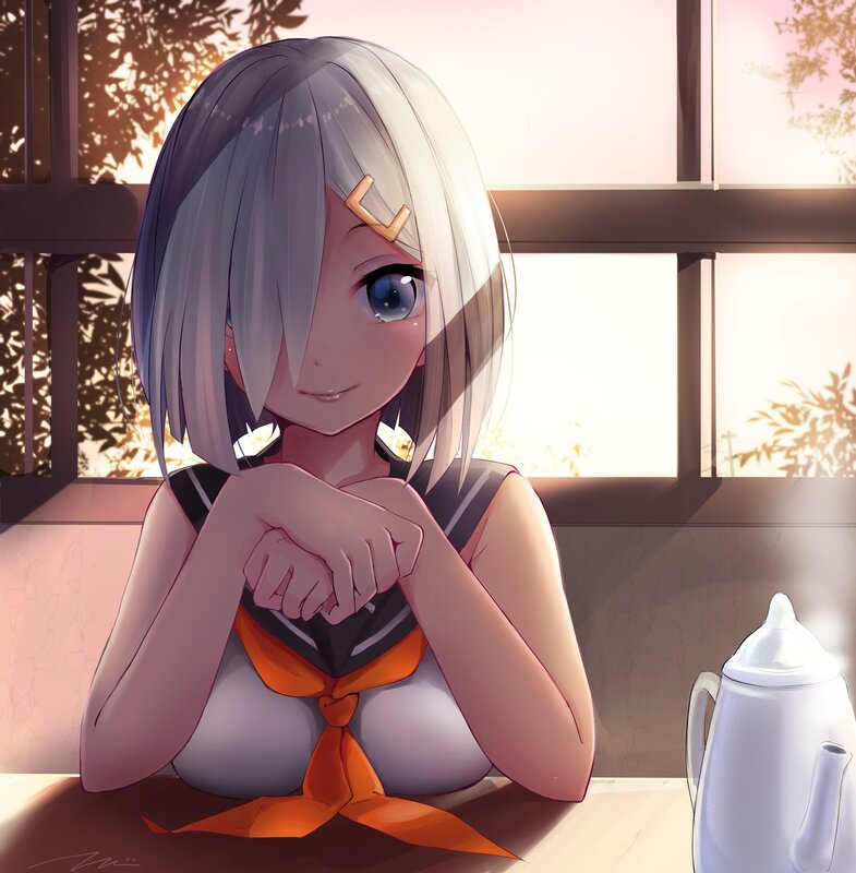 Anime Girl at Table — White, Calm
