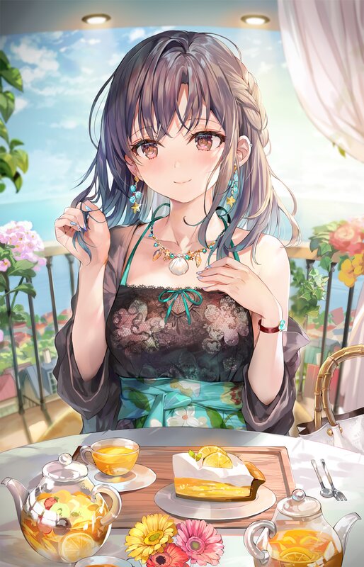 Anime Girl at Tea Table — Blue