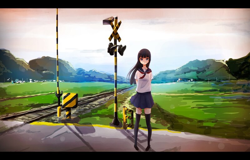 Anime girl at train crossing