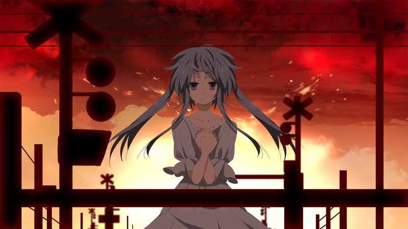 Anime Girl at Train Crossing — Red, Dramatic, Sunset