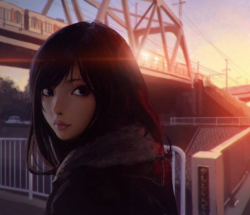 Anime Girl at Train Crossing — Red, Dramatic