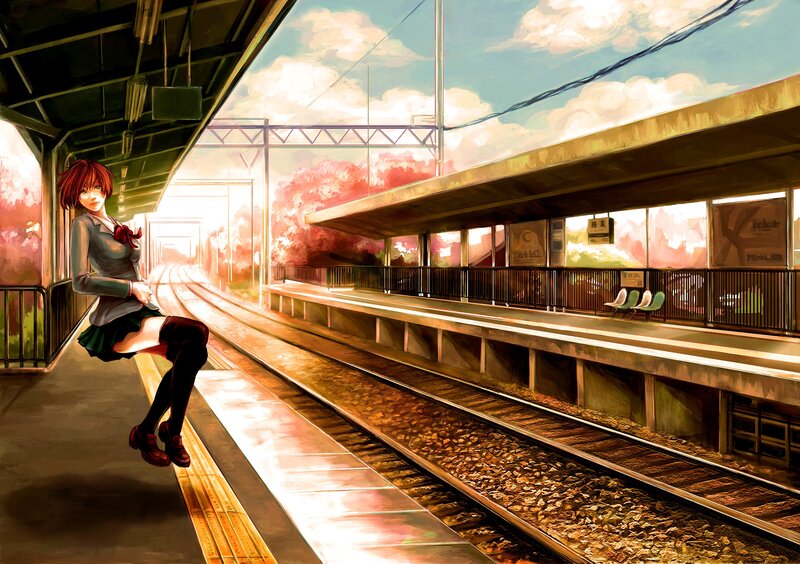 Anime girl at train station