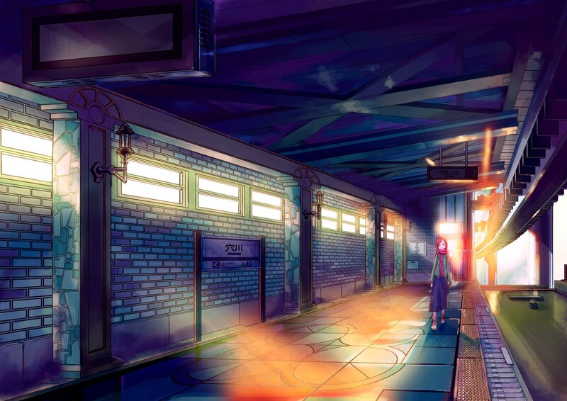 Anime girl at train station