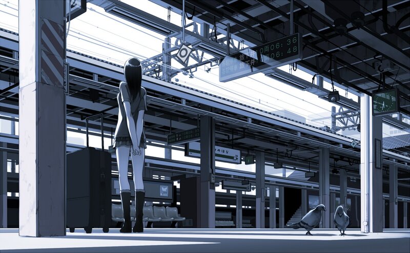 Anime girl at train station