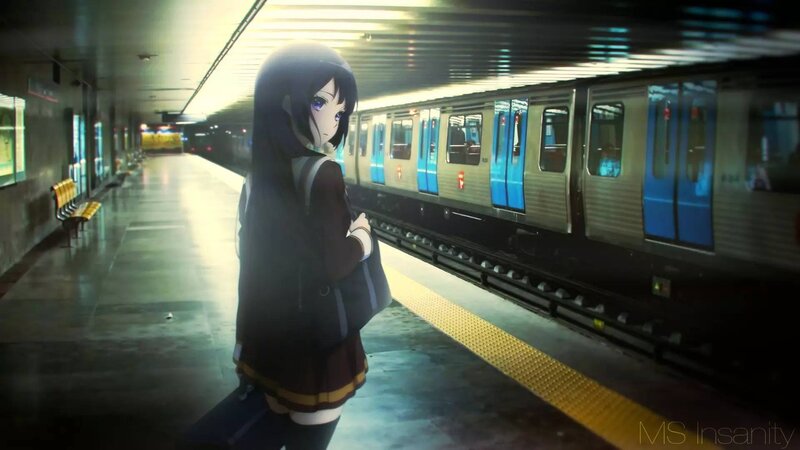 Anime Girl at Train Station — Black, Dramatic
