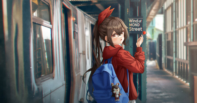 Anime Girl at Train Station — Blue, Calm, Afternoon, Digital Art, Backpack