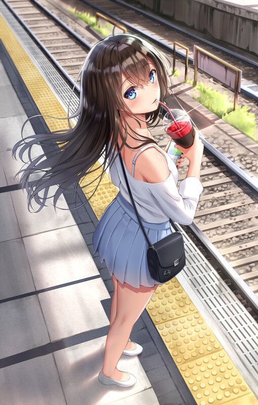 Anime Girl at Train Station — Blue, Calm, Afternoon, Digital Art