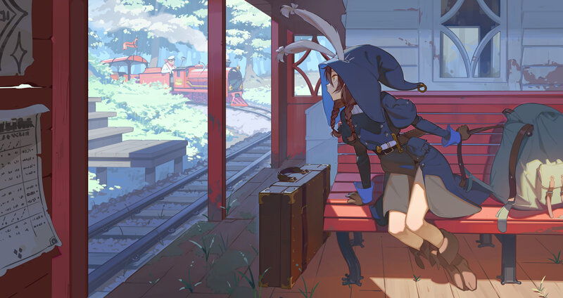 Anime Girl at Train Station — Blue, Calm, Morning, Digital Art, Suitcase