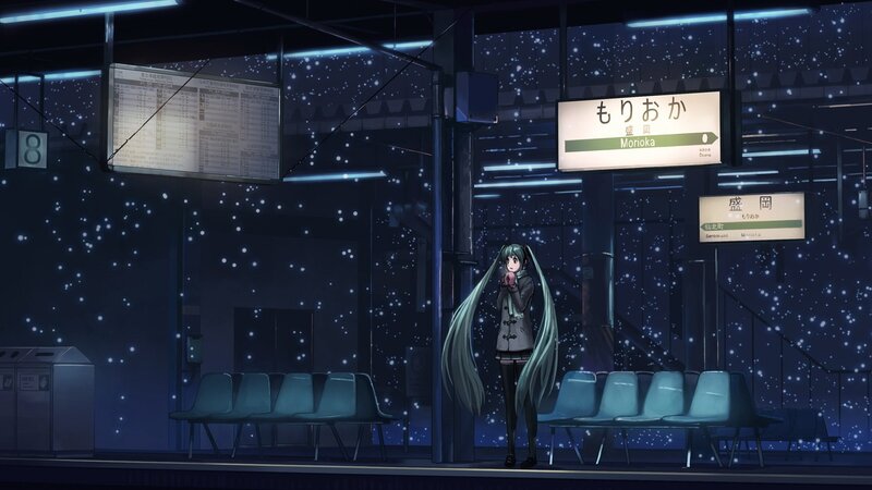 Anime Girl at Train Station — Blue, Calm, Night, Train Station, Benches