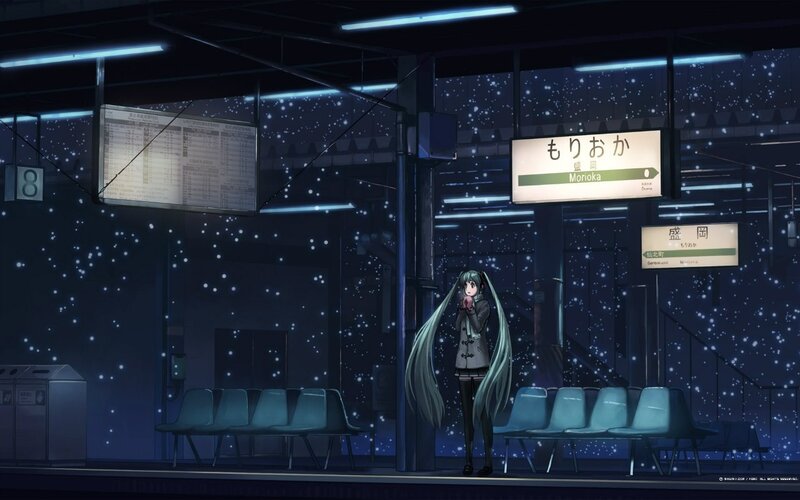 Anime Girl at Train Station — Blue, Calm, Night, Train Station